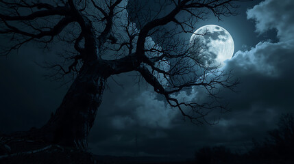 The night scene features a full moon, storm clouds, and a massive tree trunk, blending low-key lighting and high contrast for a cinematic gothic horror atmosphere.