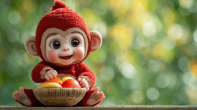 Adorable Baby in Red Monkey Costume with Fruit Basket in Nature