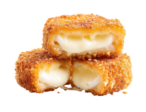 Three golden-brown, breaded cheese bites stacked, revealing melted cheese within