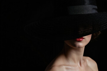 Elegant woman wearing wide-brimmed black hat, bold red lipstick. Retro beauty portrait focuses on lips, part of face. Studio shot in dark setting emphasizes style, glamour, adult female face with