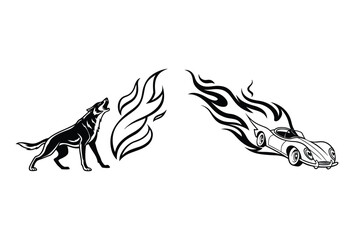 Stylized illustration of a howling wolf and a burning sports car with fiery elements