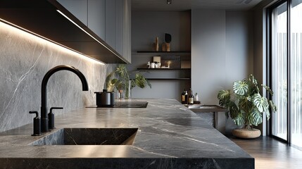 Sleek Modern Kitchen with Marble Countertops and Minimalist Design
