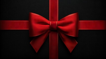 Festive Red Satin Ribbon with Bow on Black Celebration Background. Generative AI