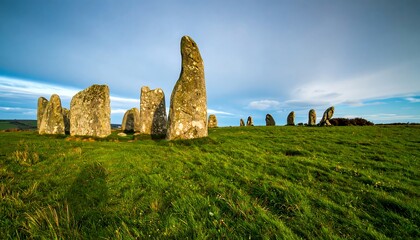 Ancient stone circle on grassy hill under a partly cloudy sky