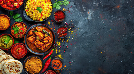 Overhead view of shrimp curry, rice, and herbs styled with rich tones on textured backdrop. space for text  Generative AI