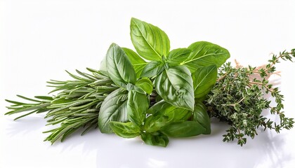 bunch of basil rosemary and thyme on white background