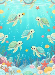 Playful Sea Turtle and Starfish Seamless Pattern for Kids Wallpaper and Textile