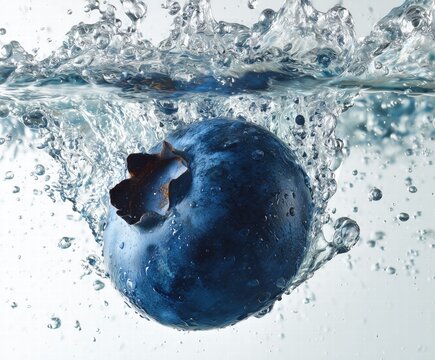 Blueberry Splash Freeze Frame with Silver Bubble Halo, Studio Lighting on White Background for Superfood Packaging, Antioxidant Beverage Ads or Skincare Concept Design