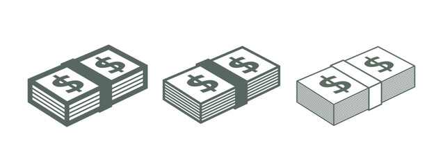Icon of a stack of money (US Dollar). Attribute of trade or income, bank or wealth. Symbol of cash or salary, finance or currency. Banknote of US currency.