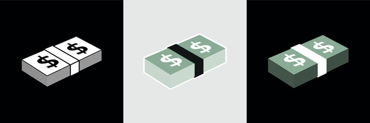 Icon of a stack of money (US Dollar). Attribute of trade or income, bank or wealth. Symbol of cash or salary, finance or currency. Banknote of US currency.