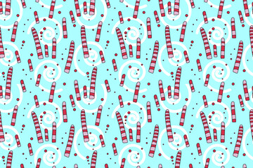 Creative seamless abstract pattern of seaweed, mushrooms, sea sponge, coral reef and white spirals on  blue background. For wallpaper, textiles, packaging, background or websites.