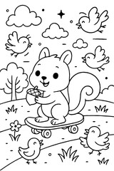 A cute smiling squirrel skateboarding with his friends while holding an acorn, a coloring page.