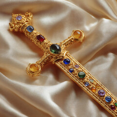 Gold Sword Jewel Ornamentation Regal Antique Hilt Baroque Gems Historical Craftsmanship Unique Weapon Luxury Metallic Beauty Gemstone Shimmering Royal Collectible Artistry Regal Treasure