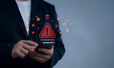 Businessman holding smartphone with system warning and hacking alert icons representing cybersecurity breach data theft phishing malware and online security risk prevention concept