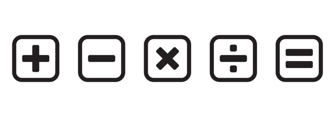 Basic mathematical symbol. Plus and minus icon set. Math symbol. Multiply icon. Equals symbol, division symbol, Calculator button, math icon set arithmetic plus minus equals multiply.