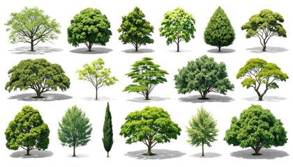Fototapeta premium Collection of realistic green trees, shrubs on white background. Diverse foliage shapes, sizes. Includes various tree types like deciduous, evergreen, ornamental, perfect for landscaping, graphic