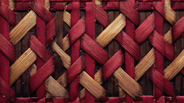 Old bamboo weaving pattern with woven rattan mat texture in dark red and light brown for background or decorative design