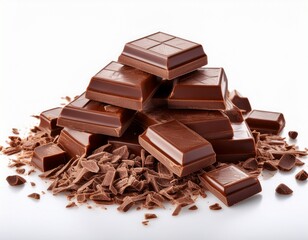 a pile of chocolate pieces on a white background