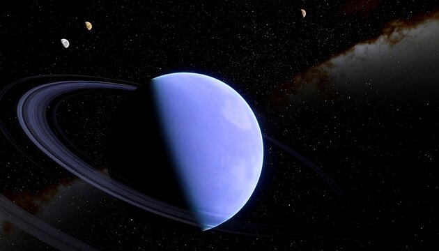 Blue planet with rings in space