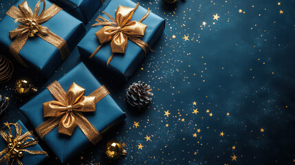 Blue gifts adorned with golden bows and ribbons arranged.mockup banner background, flyer for business, spa salon, dentistry, gym. , Christmas and New Year card, advertising