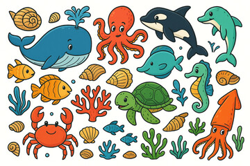 Hand-Drawn Sea Animals Vector Set with Whale, Octopus, Crab, Seahorse, Dolphin, Turtle, Squid, and Coral