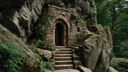 Naklejka premium Enchanted forest landscape featuring ancient stone structure and winding steps