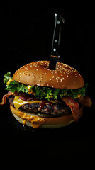 Close-up of bacon cheeseburger with lettuce and tomato, captured in warm rustic tones. Generative AI