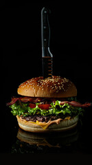 Classic American-style bacon cheeseburger presented with strong editorial composition. Generative AI