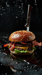 Towering bacon burger with juicy layers and artisan presentation on dark textured background. Generative AI