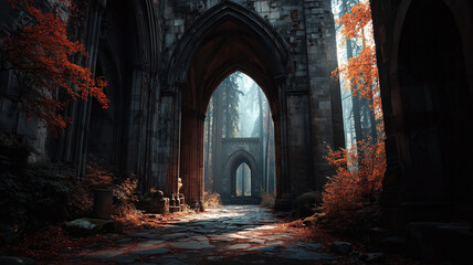 Obraz premium Mysterious pathway through an enchanted forest with ancient ruins and vibrant autumn leaves
