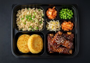  korean bbq ribs with fried rice, kimchi, peas, bean sprouts, and griddle cakes in a takeaway container