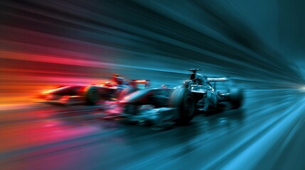 Two Formula One race cars racing on a track, with vibrant colors and dynamic motion blur, set against a dark blue and red gradient background.