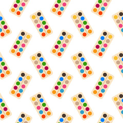 Seamless pattern for packaging and wrapping paper. Watercolor paints on a white background. Vector illustration. Print with art supplies for a gift bag. Ornament for a cover.