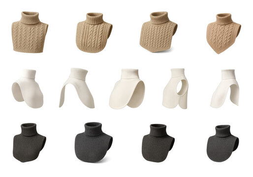 Knit dickeys collection in various textures and colors, ribbed and cable knit patterns with high turtlenecks, isolated presentation with stylish winter set for fashion accessory concept