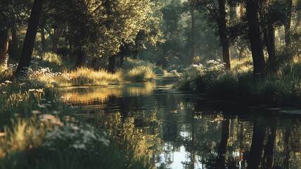 Enchanted forest landscape reveals serene waterway surrounded by lush greenery