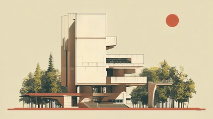 Modern architectural design featuring an abstract building in a natural setting during sunset