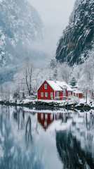 Fototapeta premium A charming red house reflecting on a snowy lake in Norway surrounded by majestic mountains during winter