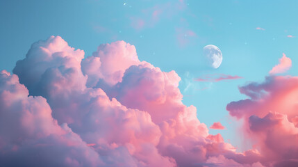 A view of pink and white fluffy clouds in a blue sky with a crescent moon and a few stars visible