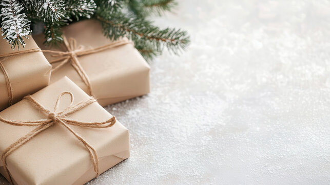 Beautifully wrapped Christmas gifts nestled under. mockup, banner, background, flyer, new year, advertising, Christmas greetings for business. minimalist background