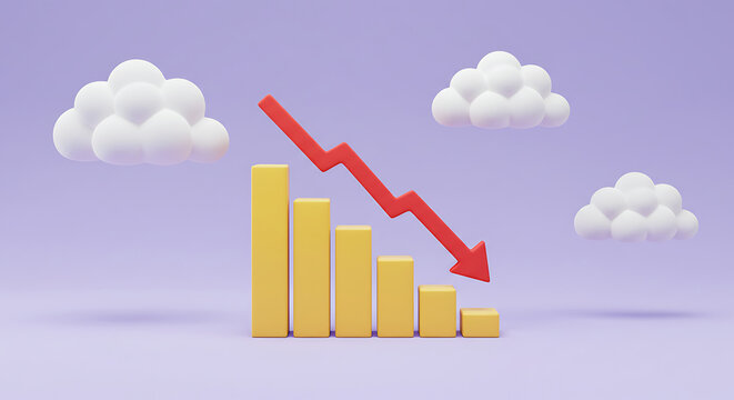 Economic Downturn Illustration with Decreasing Bar Chart and Red Arrow Showing Market Decline and Financial Crisis 3D Render with Cloud Background and Purple Sky Depicting Uncertainty