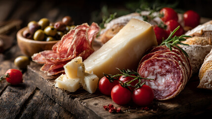 Cheese, cold cuts, olives, and tomatoes arranged on a wooden board for a savory snack.