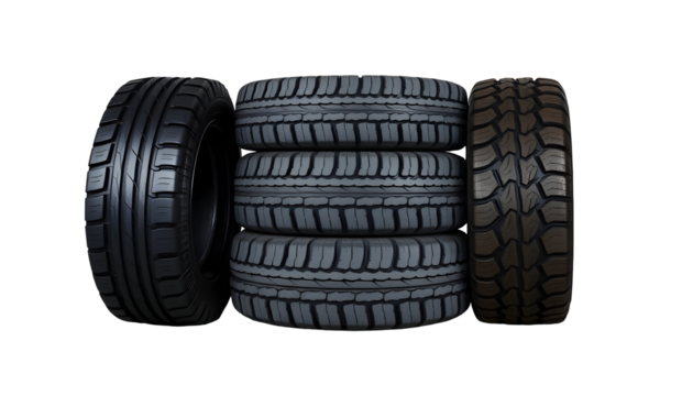 Assortment of car tires showcasing various treads and designs