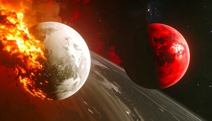 Two planets colliding in space, one ablaze