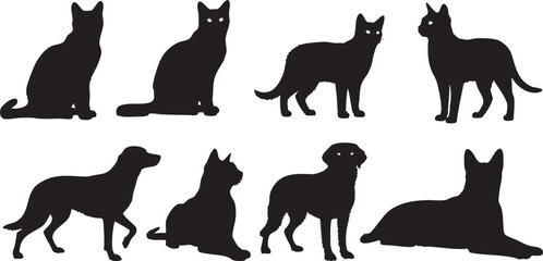 Black Cat and Dog Silhouettes in Various Poses animal, silhouette, cat, dog, pet, animal, domestic, feline, canine, mammal, illustration, graphic, design, vector, collection, group, variety, different