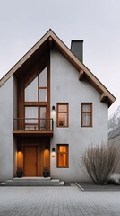 Modern house with wooden accents in a serene neighborhood at dusk with warm lights