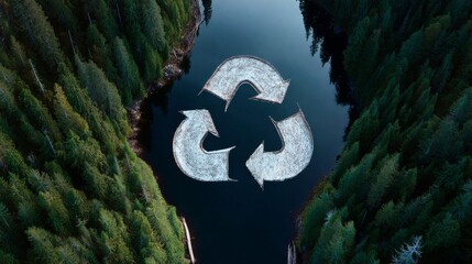 A serene lake surrounded by dense forest features a large white recycling symbol on its surface,