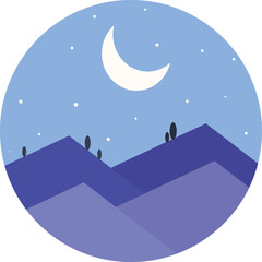 Naklejka premium Night Mountain Landscape Flat Vector Illustration Blue Purple Peaks Crescent Moon Starry Sky Serene Minimal Nature Scene Circular Design