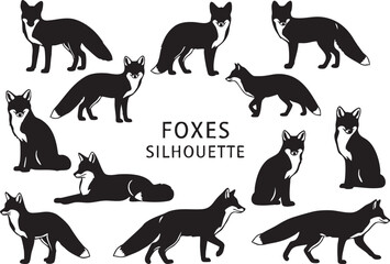 Collection of black fox silhouettes in various poses, fox, silhouette, animal, wildlife, canine, mammal, wild, nature, predator, domestic, pet, vulpes, red fox, arctic fox, fennec fox, kit fox, gray f