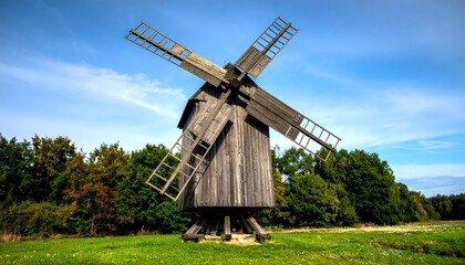 Wooden windmill in a field