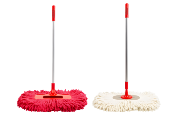 Two Mops Red and White Cleaning Tools on Transparent Background